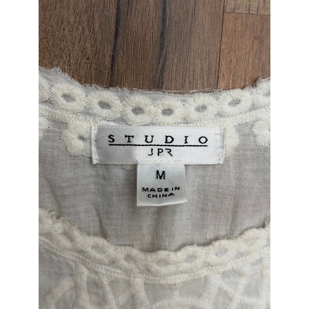 Studio JPR White Embroidered Boho Peasant Top Medium Cotton Gauze Lace - Picture 5 of 8